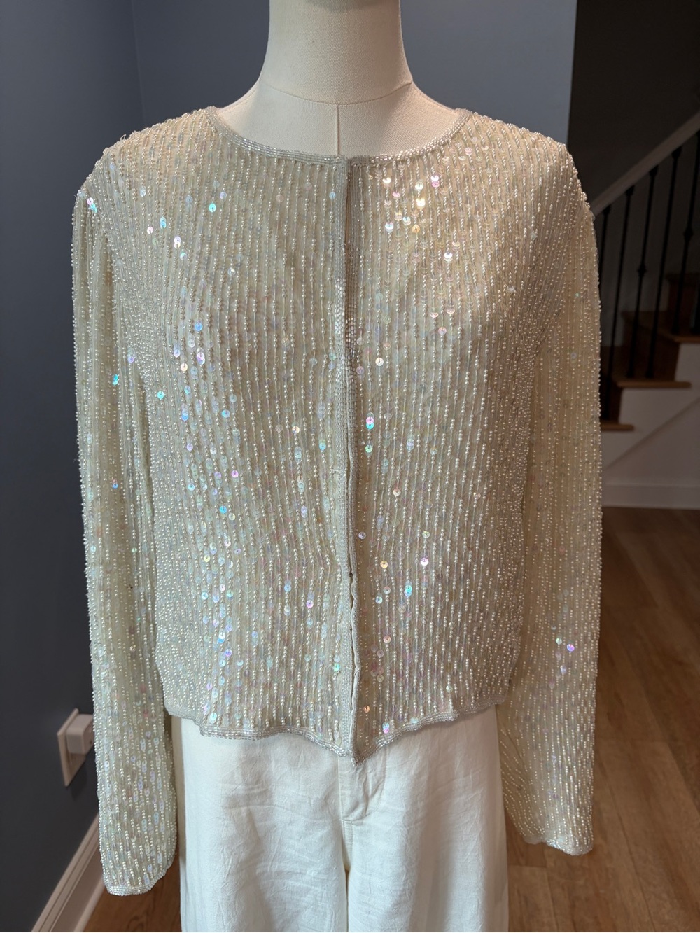 Vintage Laurence Kazar New York Silk Beaded Sequin Jacket Ivory XL - Picture 2 of 10